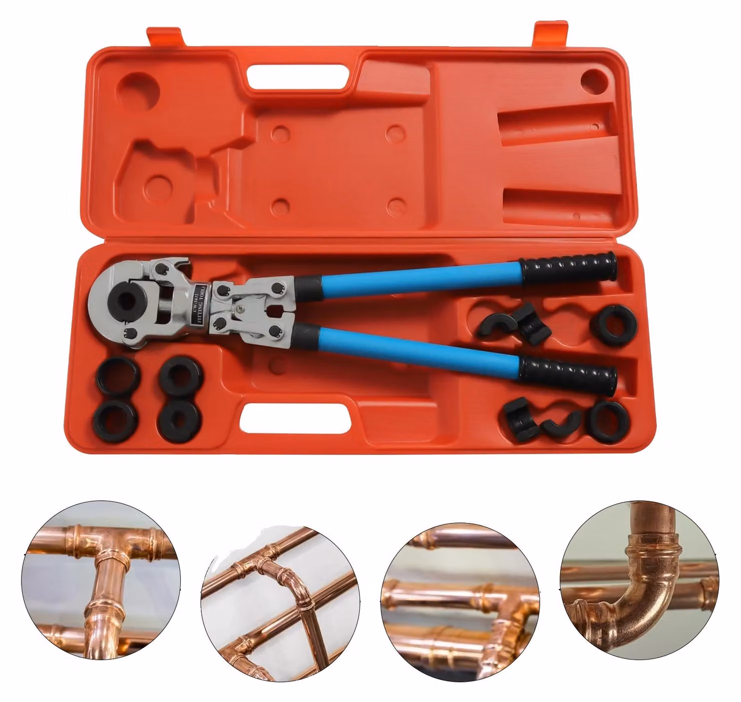 Pinza crimpatrice, lunghezza 55-74 cm, forza di crimpatura 6T, corsa 45 mm, dimensioni della custodia degli attrezzi 60 x 22 x 7 cm, peso lordo 7,5 kg