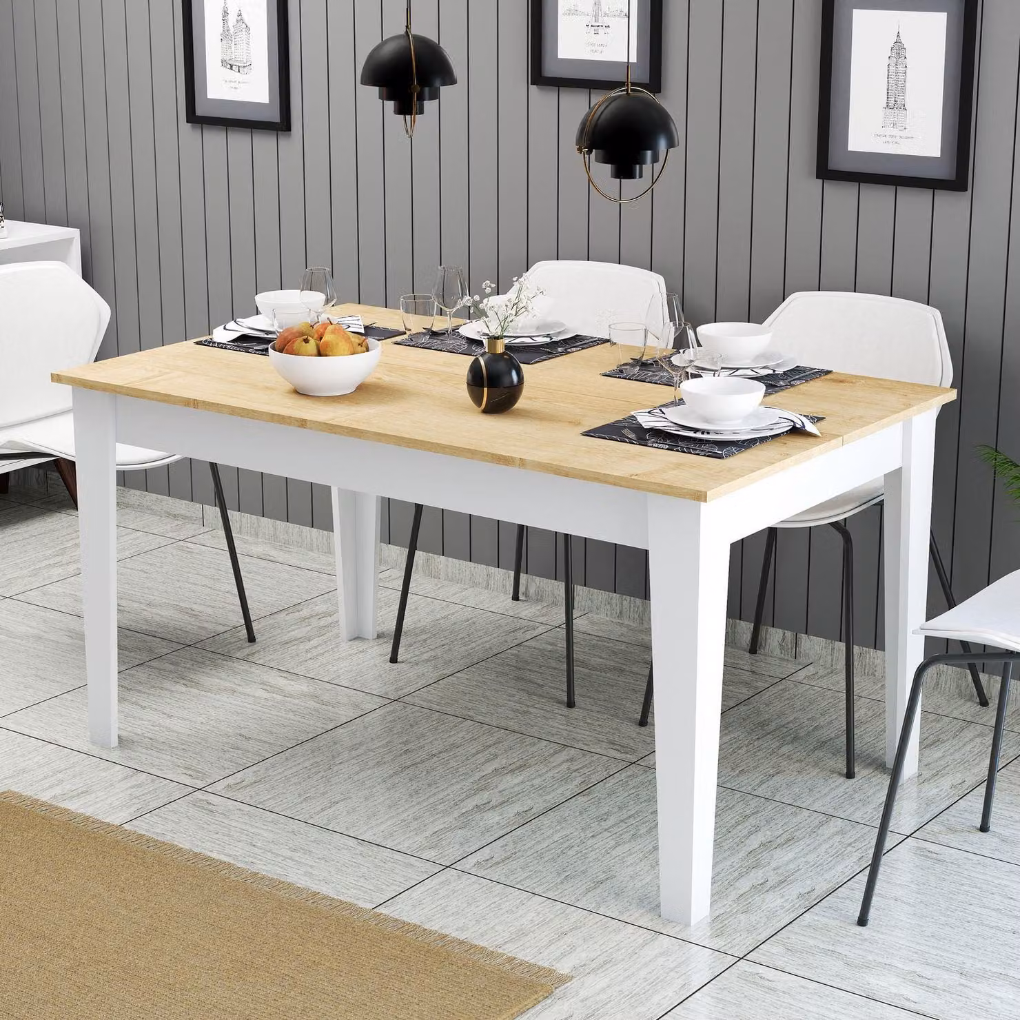 Skye Decor, tavolo da pranzo di alta qualità, 145 x 75 x 88 cm, pannello truciolare rivestito al 100% in melamina, spessore 18 mm, gambe in legno rivestito in melamina, bianco e rovere, design moderno.