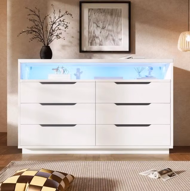 Credenza LED con 6 cassetti; vano effetto marmo; 120x40x85 cm; bianco
