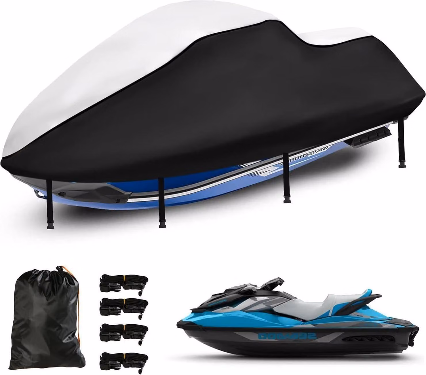 Copri moto d'acqua 3 posti 420D Motoscafo UV-impermeabile 345-368CM Argento Nero