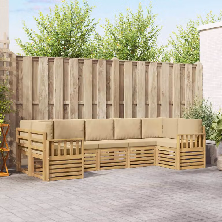 Set di divani da esterno vidaXL a forma di L composto da 6 pezzi in legno di acacia con cuscini bianchi e beige