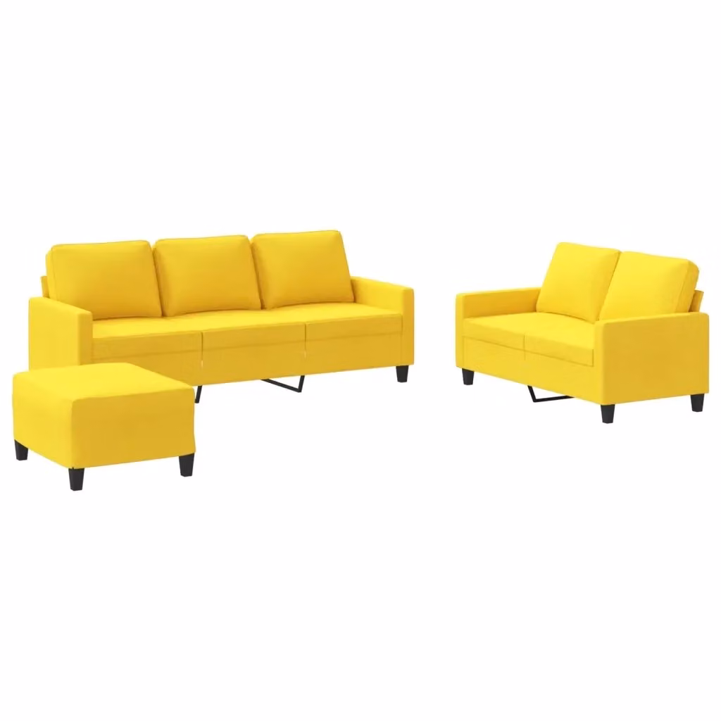 Set di divani vidaXL da 3 pezzi con pouf in tessuto giallo moderno per soggiorno – 2