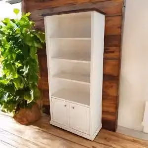 Libreria in legno Shabby chic bianco anticato e noce scuro 2 porte 4 vani a giorno
