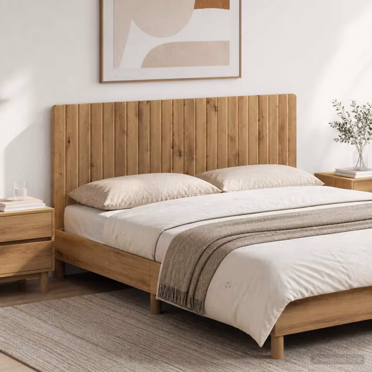 Testiera da muro vidaXL ZWOLLE in legno ingegnerizzato rovere marrone con ripiano integrato e scomparti laterali L: 140 cm, H: 50 cm, P: 3 cm