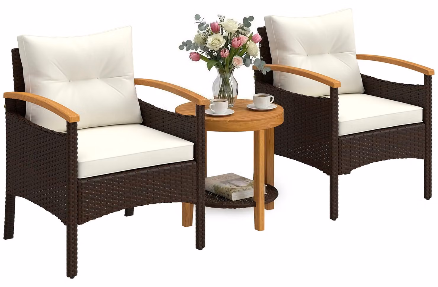 Set da bistrot in rattan – Set di mobili da giardino – 3 pezzi – 2 posti a sedere – Struttura in metallo – Rivestimento in polvere – Bianco