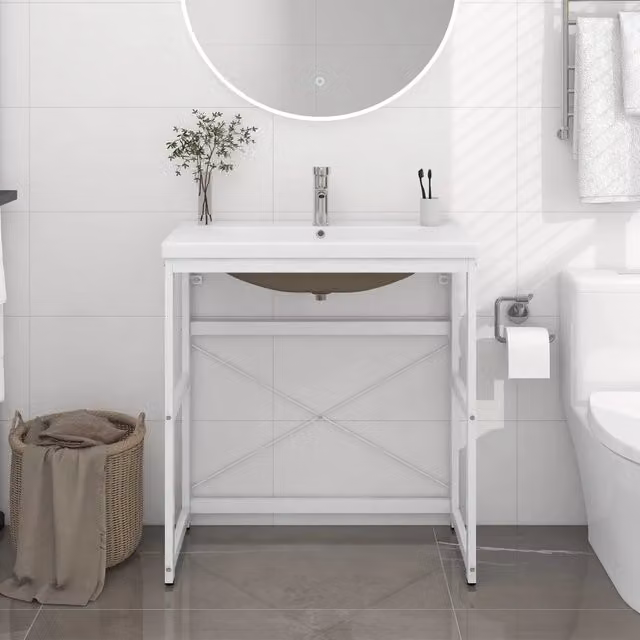 Lavabo da Bagno Moderno con Telaio in Metallo e Lavabo Integrato in Ceramica Bianca vidaXL L/P/H: 83 x 38 x 79 cm – 1