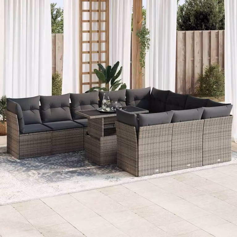 Set Divani da Giardino vidaXL 11 pz a Forma a U in Polyrattan Grigio con Cuscini e Tavolino da Caffè
