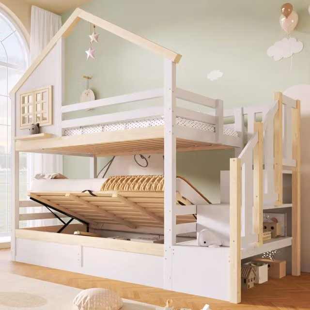 Letto a castello 90x200 cm con letto superiore a casetta; protezione e contenitore idraulico; bianco e naturale