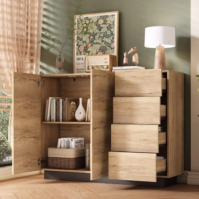 Cassettiera con ante e cassetti ¨C Minimal ¨C nero legno naturale 120x35.5x90.5 cm per soggiorno cucina