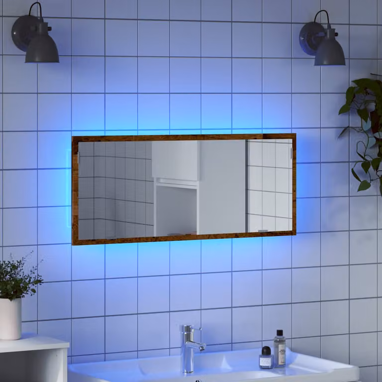 Specchio da bagno con LED vidaXL in legno antico marrone, L: 100 cm, P: 8,5 cm, H: 37 cm