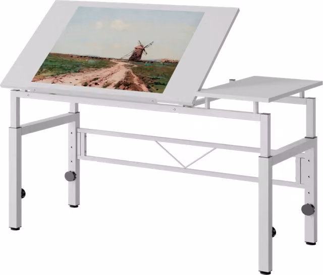 Scrivania da Disegno Regolabile in Altezza e Inclinazione, Piano Bianco in Legno da 18mm e Struttura in Acciaio