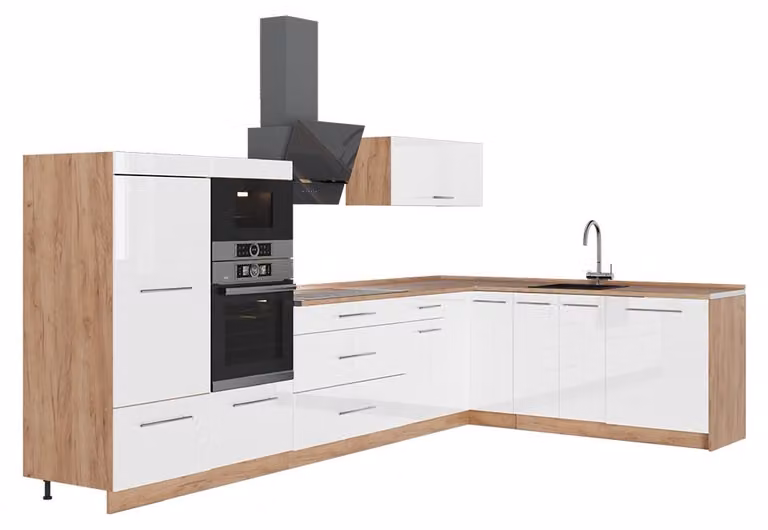Cucina angolare completa Vicco Fame-Line Bianco lucido/Rovere dorato 347 x 207 cm senza piano di lavoro, Model 63616