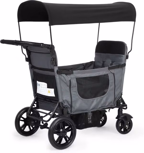 Carrello Passeggino Doppio Bambini Pieghevole con Letto; Tetto Parasole e Ruote PU Grigio
