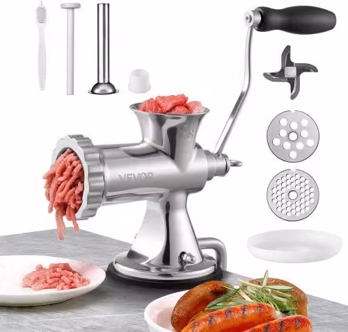 Tritacarne Manuale da Tavolo VEVOR in Acciaio Inossidabile Silver con Ventosa e Morsetto per Salsicce e Polpette Calibro #8