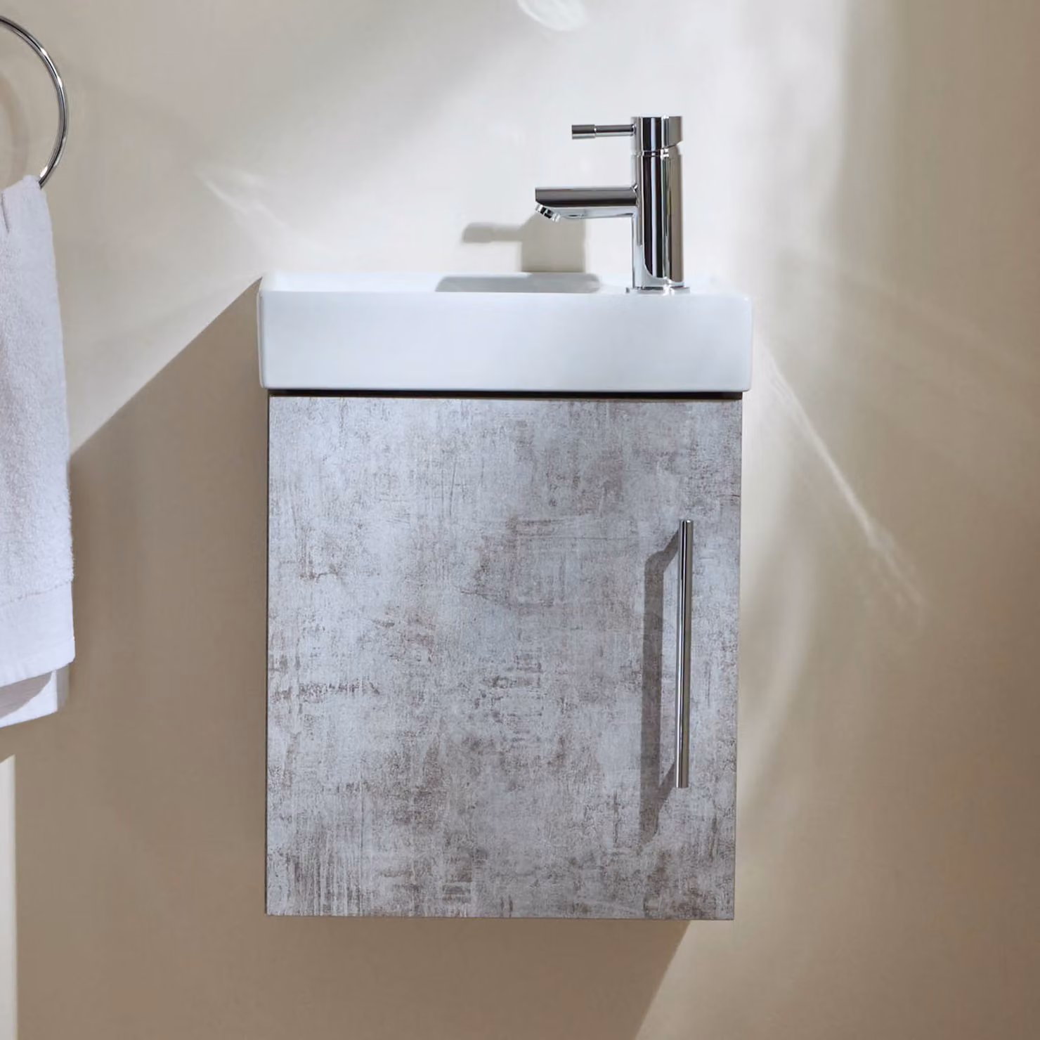 Mobile Bagno Grigio Cemento Sospeso da 400mm con Lavabo e Maniglia con Barra a T Cromata - Cluo