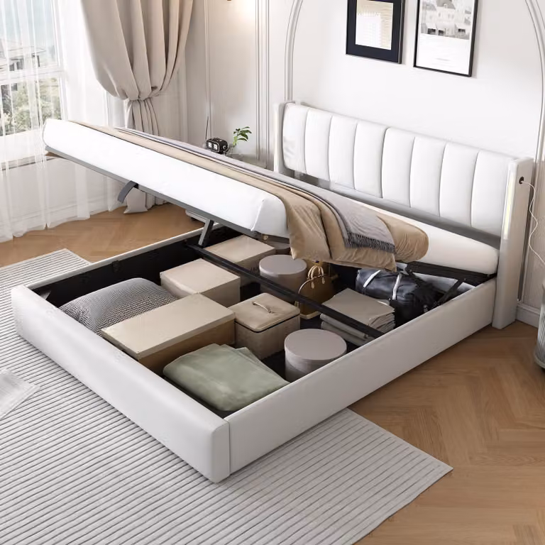 Letto imbottito 160x200 cm, colore bianco, realizzato in PU, con spazio contenitore, illuminazione LED e porta USB, ideale per la camera da letto