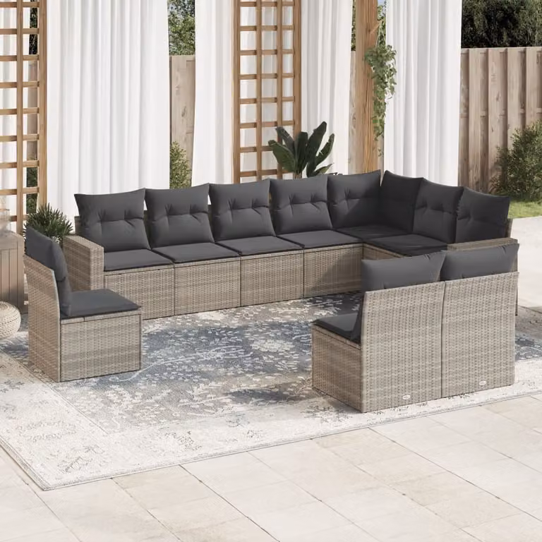 vidaXL Set Divano da Giardino a L in Polyrattan Grigio con 10 Cuscini e Struttura in Metallo