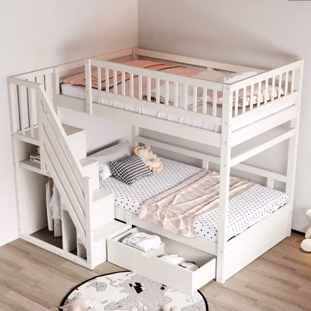 Letto a castello in legno massello 90x200 cm con sponda di sicurezza alta, rete a doghe, scala di sicurezza con contenitore e cassetti - Bianco