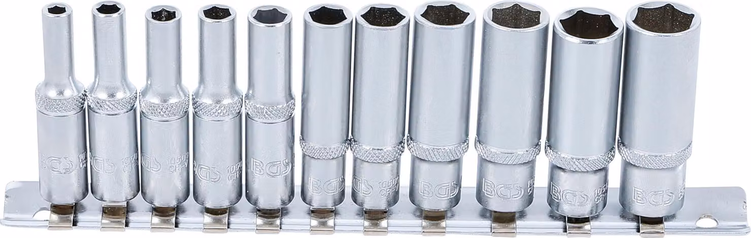BGS 2221 | Set di chiavi a bussola, esagonali, profonde | 11 pezzi | 6,3 mm (1/4") | SW 4 - 13 mm | CV acciaio