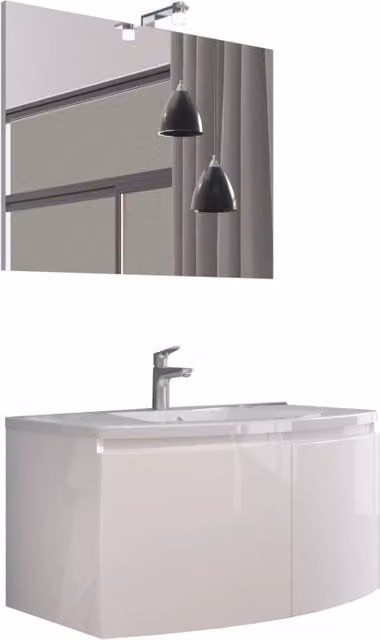 Composizione bagno 2 ante con lavabo in ceramica e specchio con lampada led