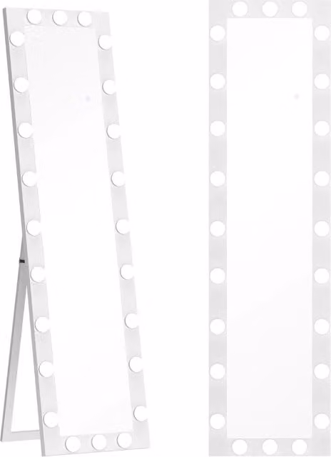 Specchio a figura intera 150x40 cm, specchio a LED con 24 lampadine, 3 colori di luce, autoportante, da appoggio o da parete, bianco
