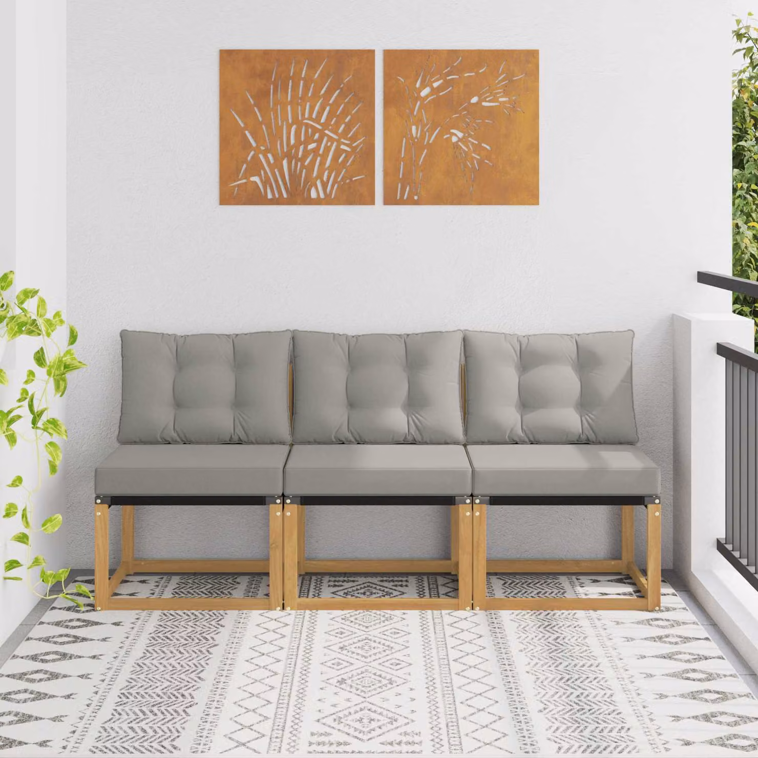 Set di 3 divani centrali da esterno vidaXL in legno di acacia con cuscini in tessuto textilene bianco e grigio