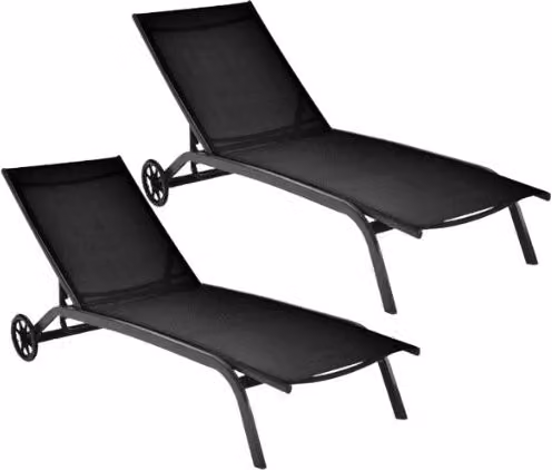 2*Chaise longue regolabile per cortile con ruote, Sedia a sdraio reclinabile in 6 posizioni da esterno Nero