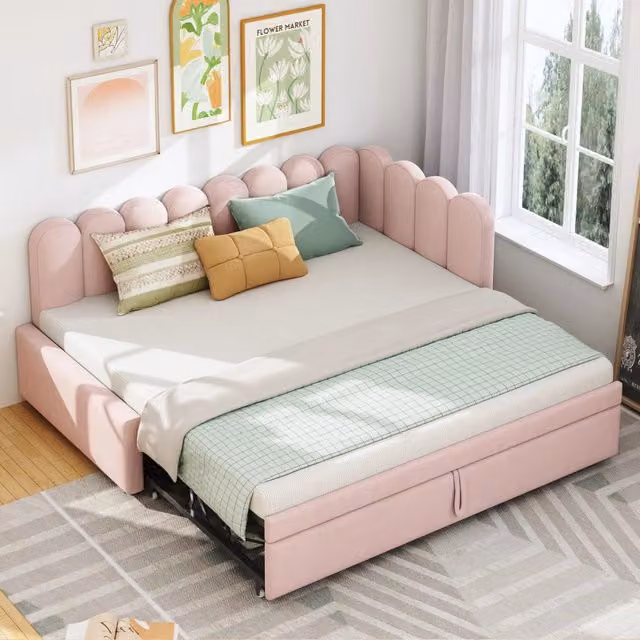Letto divano 90 × 200 cm con letto estraibile, testiera imbottita e schienale, senza materasso, rosa