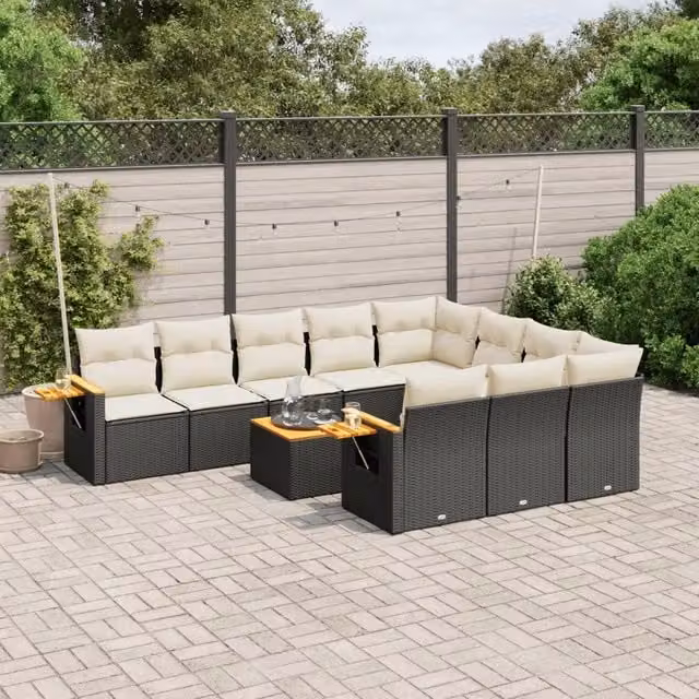 Set di Divani da Giardino a Forma di U vidaXL in Polyrattan Nero con Cuscini e Tavolino da Esterno – 1