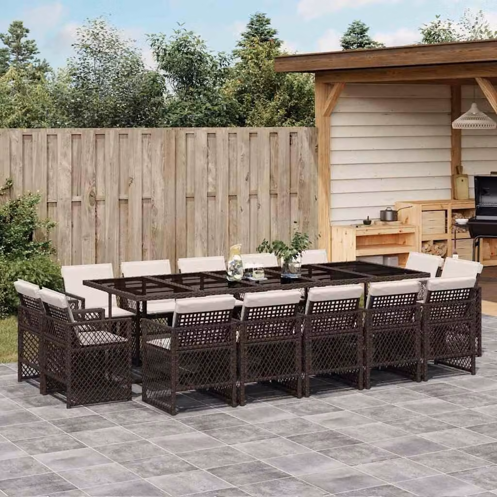 Set da pranzo da giardino vidaXL in polyrattan marrone con cuscini e tavolo in vetro per 15 persone – 1