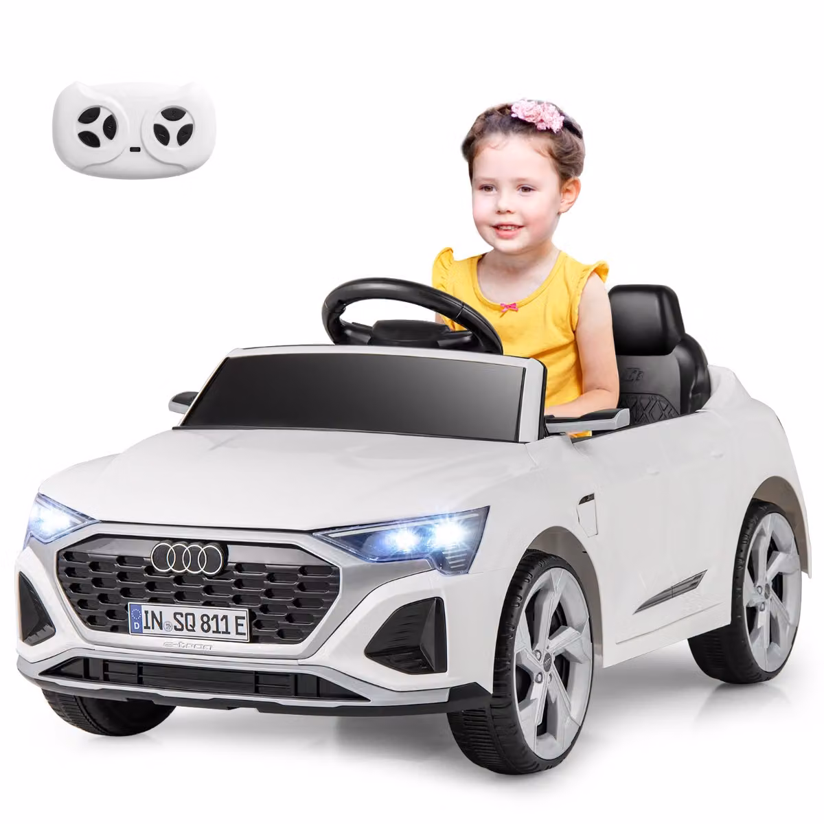 Auto elettrica per bambini Costway Audi SQ8 licenziata, veicolo 12V con telecomando, luci LED, musica e 3 velocità, colore bianco