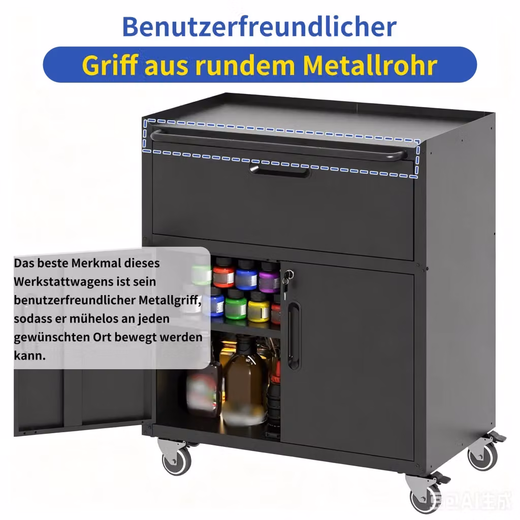 Armadio portaattrezzi REDOM in metallo nero e grigio con ruote, serrabile e dotato di 1 cassetto, L: 75 cm, P: 42 cm, H: 88 cm – 2
