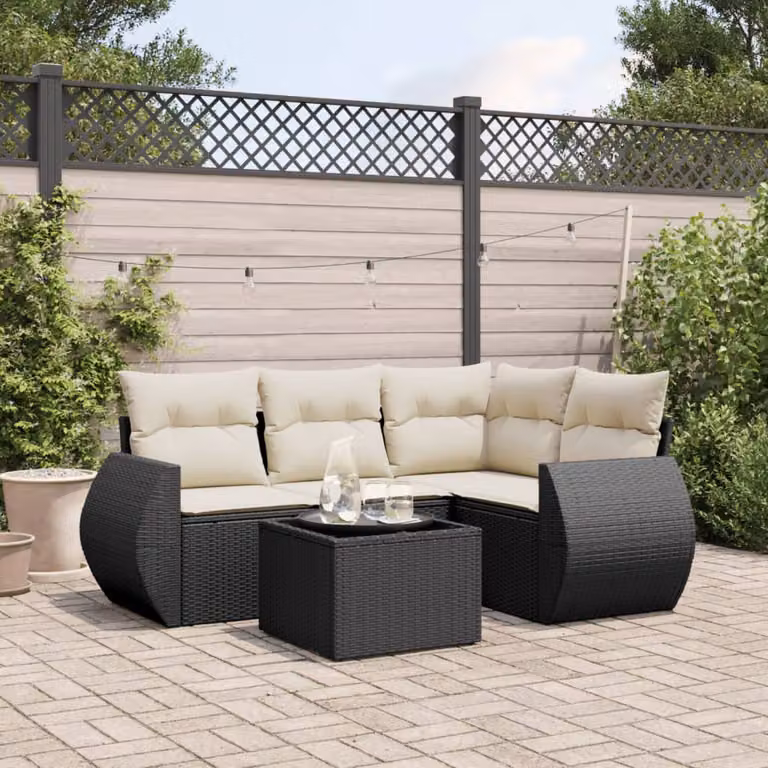Set Divano da Giardino a L vidaXL 5 pz con Cuscini e Tavolino in Polyrattan e Metallo Nero