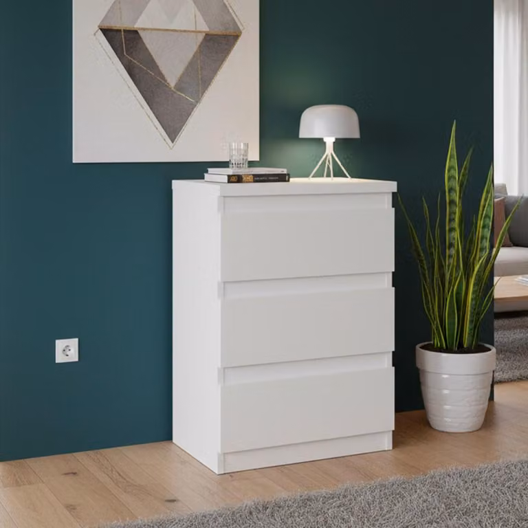 Comodino Forte EDMORE 40 45, comodino moderno con 3 cassetti, tavolino, materiale derivato dal legno, bianco, larghezza 41,8 cm x altezza 61,5 cm x profondità 32,2 cm