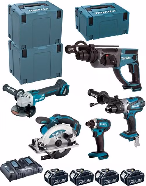 Makita Kit DLX5039PTJ con avvitatore, trapano, smerigliatrice, seghetto, avvitatore a impulsi, 4 batterie da 5,0 Ah e valigette MAKPAC