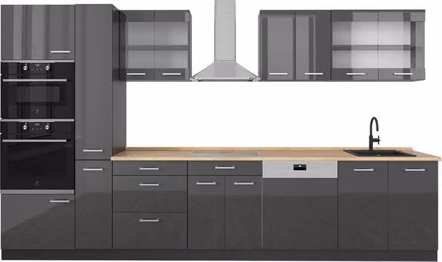 Cucina componibile moderna R-Line Vicco colore Antracite lucido, L: 350 cm, senza piano di lavoro