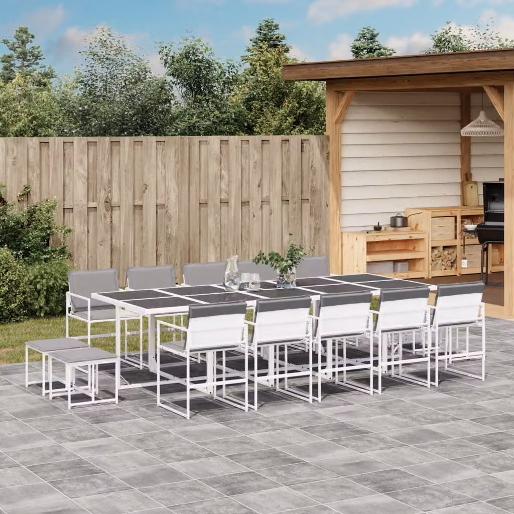 Set da Pranzo da Giardino vidaXL 15 pz in Acciaio Verniciato a Polvere e Vetro Bianco e Grigio – 1
