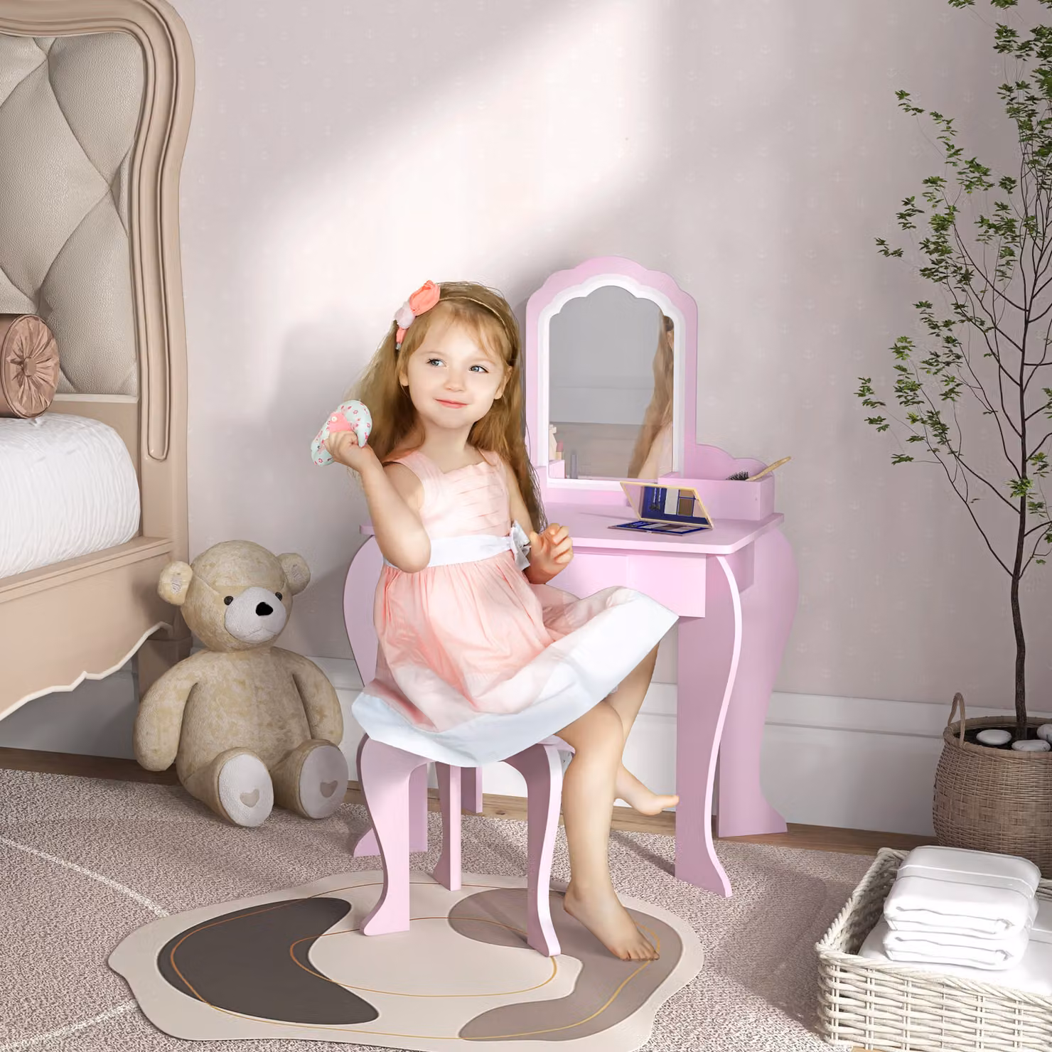 Set Toeletta per Bambina ZONEKIZ in Legno con Specchio, Sgabello, Cassetto e Contenitori, Colore Rosa – 2