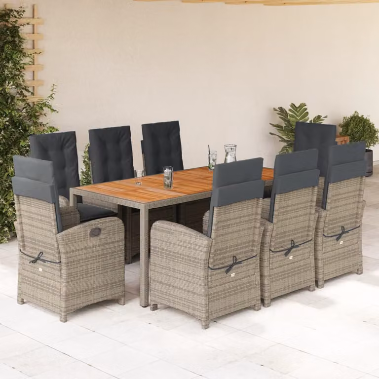 vidaXL Set da Pranzo da Giardino 9 pz in Polyrattan e Legno di Acacia con Cuscini Grigio e Marrone