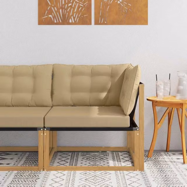 Divano Angolare da Esterno Componibile in Legno di Acacia Massello e Textilene con Cuscini Beige o Bianchi – 1