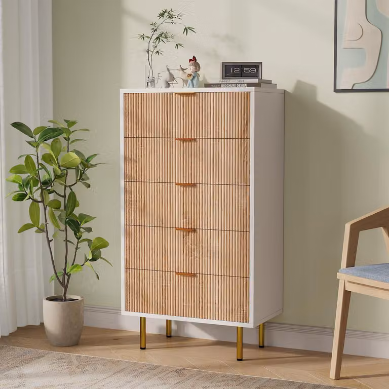 Comodino con 4 cassetti, struttura in legno e metallo, profondità 30 cm, robusto, dotato di piedini di supporto, design moderno ed elegante