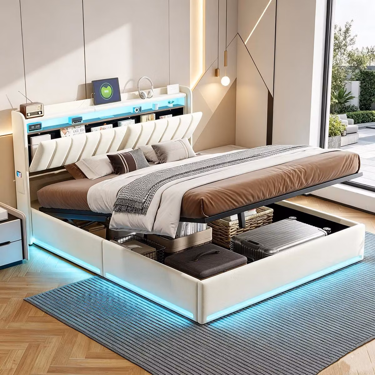 Letto con rete a molle INONEFT, 140x200 cm, con LED e USB, struttura imbottita con spazio contenitore, meccanismo di sollevamento idraulico, rivestito in velluto, colore beige.