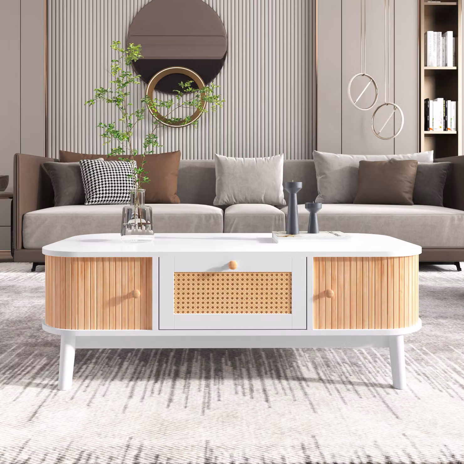 Tavolino da salotto - Tavolino in rattan, cassetti in rattan e ante scorrevoli con doghe in legno massello, gambe in legno massello, stile rustico naturale, bianco,