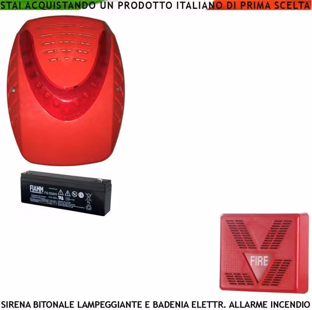 Sirena elettronica lampeggiante LED rossa Securvera per allarme incendio esterna, alimentata a 24 VCC con 2 batterie da 12 V 1,2 Ah e sottocoperchio antischiuma