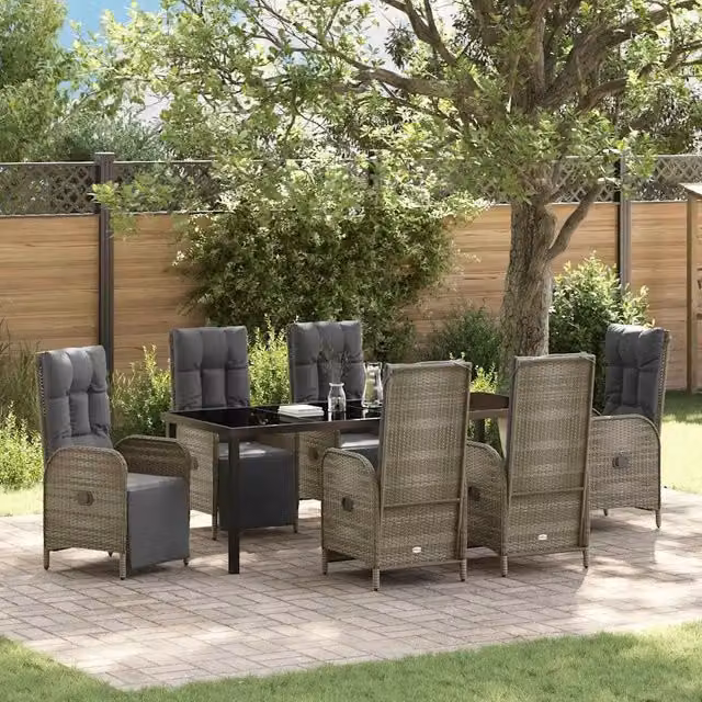 Set da pranzo per giardino vidaXL in polyrattan grigio con tavolo rettangolare in vetro, 7 pezzi – 1