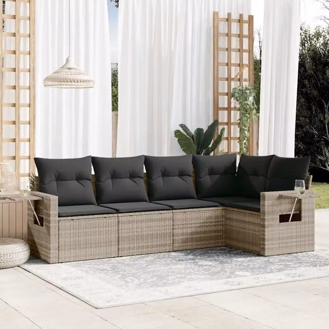 Set Divano da Giardino 5pz con Cuscini-Sofa da Giardino-Divanetto da esterno Grigio Chiaro Polyrattan 330568