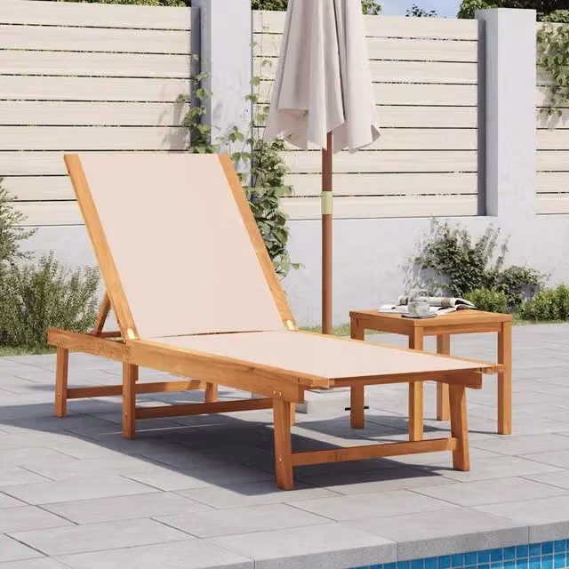 Lettino prendisole vidaXL in legno di acacia oliato e textilene beige con poggiatesta regolabile L: 110 cm, P: 66 cm, H: 98 cm – 1