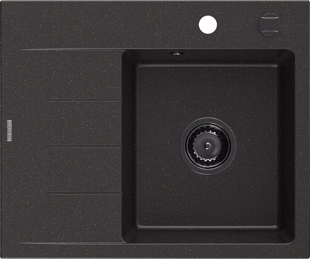 Mexen Ben lavello in granito 1-vasca con sgocciolatoio, destro 600 x 500 mm, nero/oro metallico sifone nero - 6523605000-75-B
