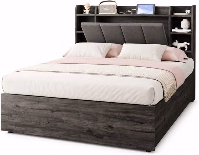 Letto matrimoniale 140x200 cm con contenitore idraulico; USB e USB-C; MDF grigio