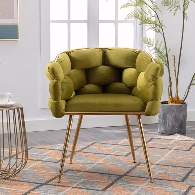 SEDIA moderna in velluto verde oliva con struttura in metallo, 70x58x39 cm